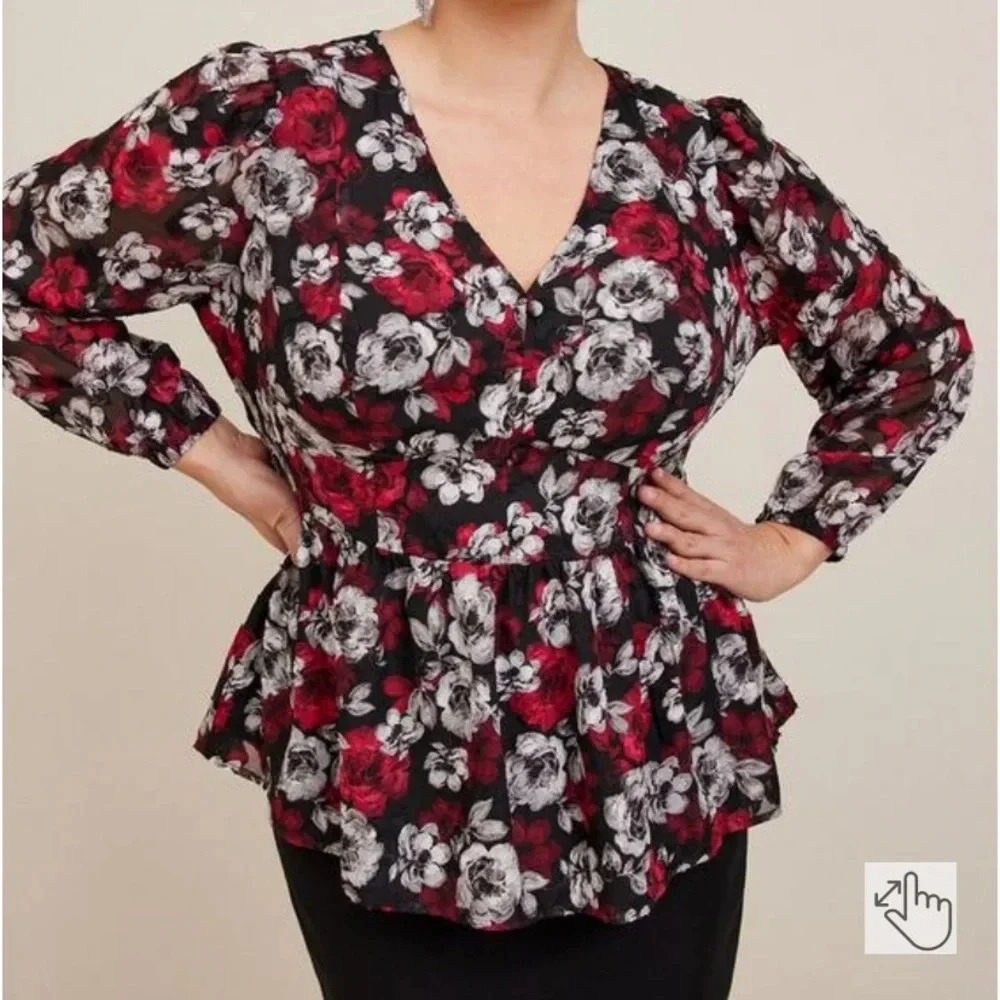 NWT Peplum Chiffon Clip Floral Blouson Sleeve Top